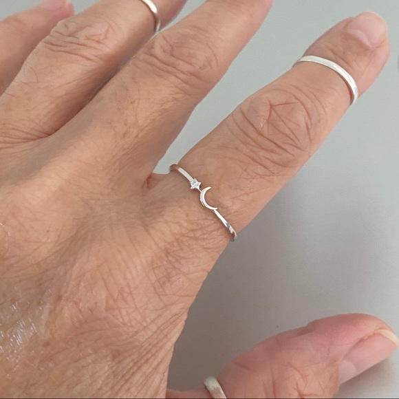 🌙 TOP SELLER🌙 Silver Tiny Crescent Moon and CZ Star Ring, Silver Rings Celestial - Picture 5 of 9